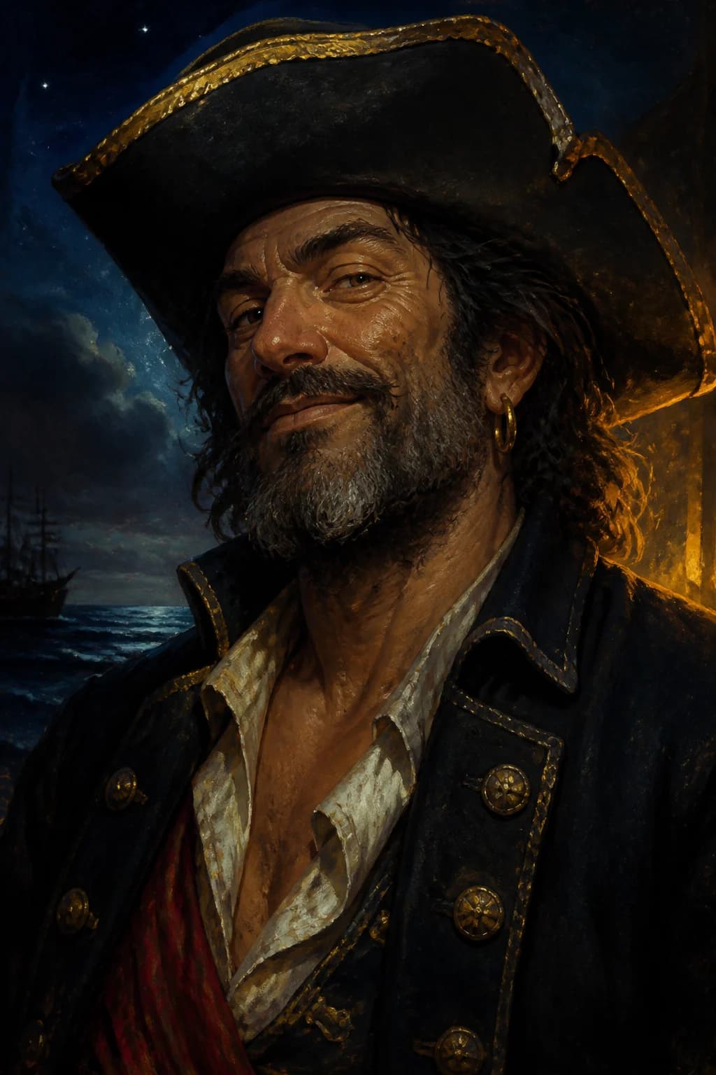A classy flyer pirate in navy and gold, glass to the horizon